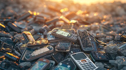 A large pile of old cell phones, abandoned and discarded in a landfill site, representing the waste generated by obsolete technology and electronic products.