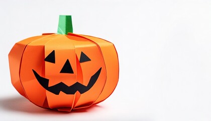 Halloween concept origami isolated on white background carved pumpkin jack o lantern. Orange pumpkin with smile for your design for the October holiday