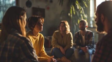 Fototapeta premium Support group patients comforting person at therapy session, diverse individuals sharing and listening, community healing.