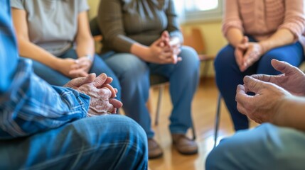 Support group patients comforting person at therapy session, diverse individuals sharing and listening, community healing.