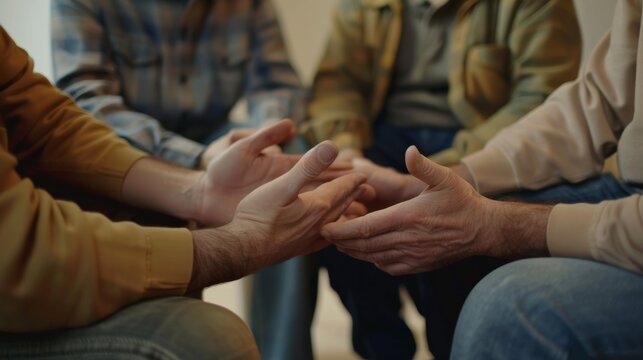 Support group patients comforting person at therapy session, diverse individuals sharing and listening, community healing.