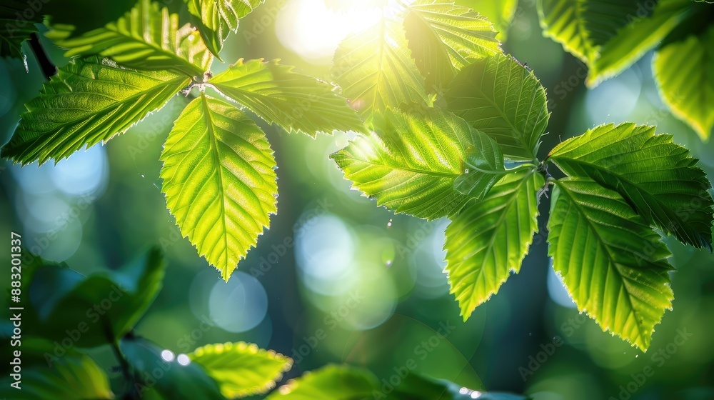 Poster sunlight filtering through leaves in spring