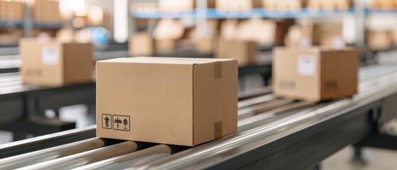 Conveyor belt with cardboard boxes in a distribution warehouse. Efficient packaging and delivery process in modern logistics facility.