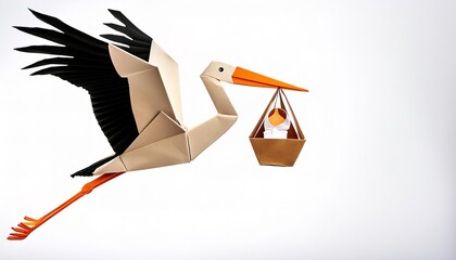 Animal concept origami isolated on white background of a stork carrying a baby. a myth that started by storks nesting on the roof of a household were believed to bring good luck.  isolated on white © Chase D’Animulls