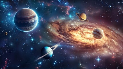 Striking digital art of multiple planets and a spiraling galaxy resembling a golden vortex, depicting the awe-inspiring and mystic essence of cosmic phenomena.