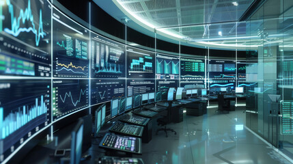 A high-tech control room with multiple screens displaying various data and analytics, depicting a futuristic and cutting-edge environment.
