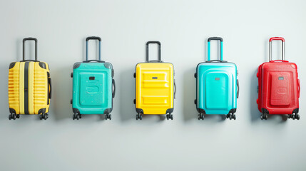 Naklejka premium A lineup of vibrant suitcases against a clean white background, showcasing variety and readiness for travel adventures.