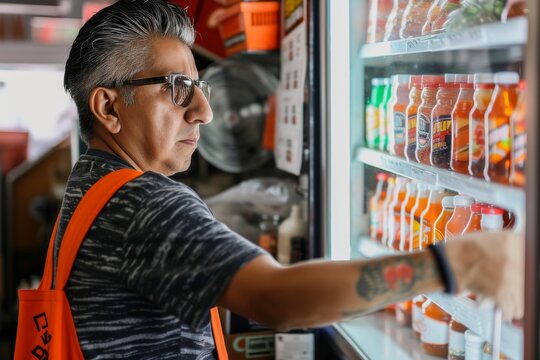 worker at the American convenience store in LA Portrait of the owner or a manager at the counter in a small local business American convenience store (bodega), in Los Angeles, California.
