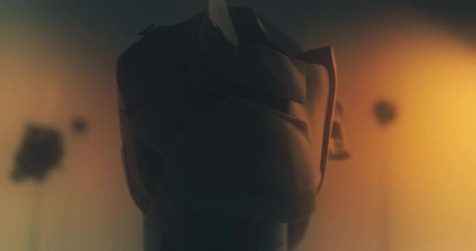 Crushed robot headshell on spike on the yellow studio background