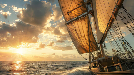 Cruising towards the horizon, a majestic ship sails through golden waters under a vibrant, cloudy sky at sunset, epitomizing freedom and exploration.