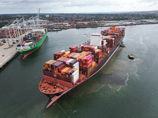 Aerial top view container ship full load container for logistics import, export, shipping or...
