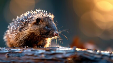 Obraz premium A small rodent with spiked fur stands on a wooden surface, highlighted by soft, natural light and showcasing its intricate features and lively expression.