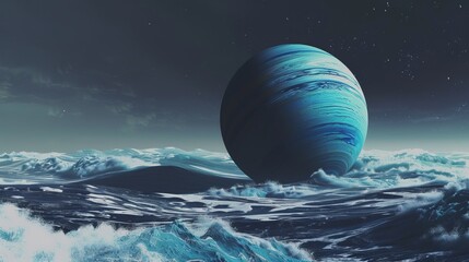 A striking blue planet surrounded by intense waves, set against a cosmic backdrop. This image conveys the dynamic and unpredictable nature of the universe.