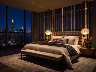 Serene Bedroom Setting with Plaid Bed and Gentle Night Lamps