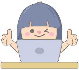 Woman working with laptop and successful Cute cartoon  doodle style character