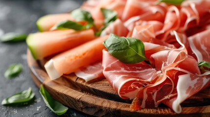 A high-definition, artistic presentation of gourmet prosciutto slices alongside fresh melon wedges on a rustic wooden platter, emphasizing culinary excellence and taste.