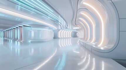 Obraz premium Futuristic, modern interior corridor with glowing lights, sleek white surfaces, and a clean, minimalistic design.