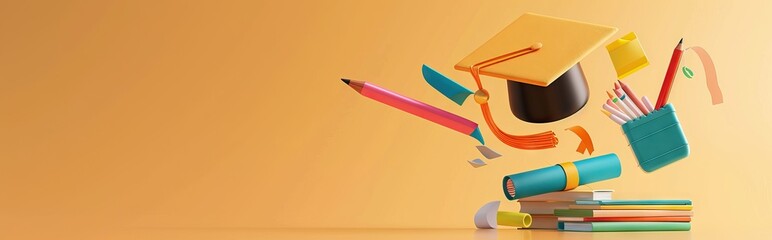 concept of obtaining higher education. stack of books and graduate cap on a blue background. 3d render. illustration. AI generated illustration
