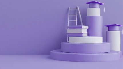 3D rendering of a podium with a graduation hat, ladder and books on a purple background. AI generated illustration