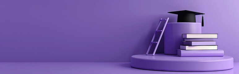 3D rendering of a podium with a graduation hat, ladder and books on a purple background. AI generated illustration