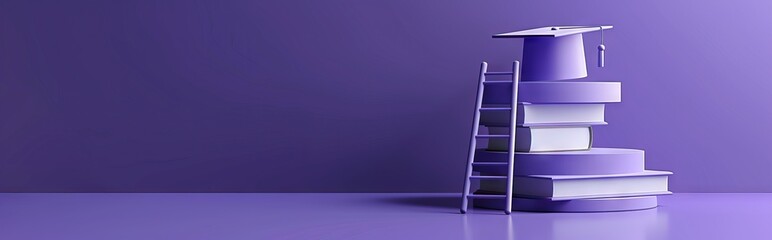 3D rendering of a podium with a graduation hat, ladder and books on a purple background. AI generated illustration