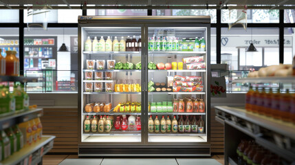 Fototapeta premium Supermarket fridge brimming with an array of beverages, snacks, and fresh produce, bathed in bright, welcoming lighting.