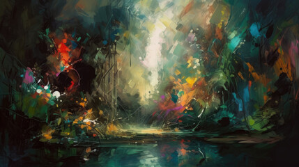 Colorful abstract painting of a mysterious forest with a river