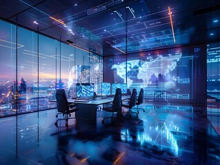 Futuristic Coworking Space with Holographic and Smart Workstations