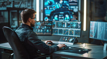 A dedicated professional monitors multiple screens in a high-tech control room, focusing intently on data and system statuses.