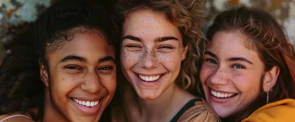 Fototapeta premium A close-up shot of three friends, embracing each other, their faces beaming with happiness