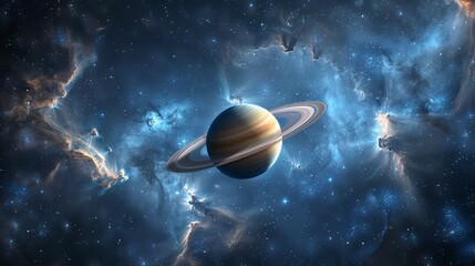 Fototapeta premium An enigmatic planet encircled by vibrant rings set in a mesmerizing cosmic nebula, presenting an awe-inspiring and enchanting view of the universe's rich and colorful expanse.