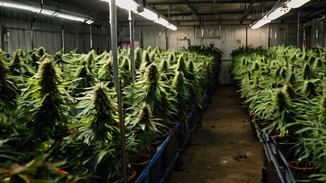 Indoor Cannabis Grow Operation with Plants Under Artificial Lights