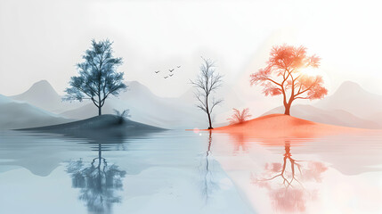 3D Flat Icon Summer and Winter Lake Landscape: Tranquility and Change