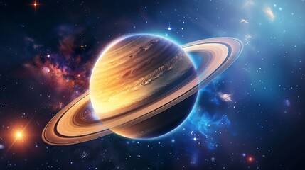 A visually stunning image of Saturn with its vibrant rings, set against a colorful nebula and star-filled background. The nebula’s colors complement the planet’s unique beauty.