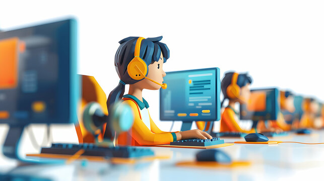 3D Flat Icon of Support Team with Headsets and Computers in Customer Service and Business Teamwork Concept on White Background