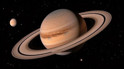 A highly realistic depiction captures Saturn's mesmerizing rings and one of its moons against the backdrop of space, reflecting the splendid features of the gas giant planet.
