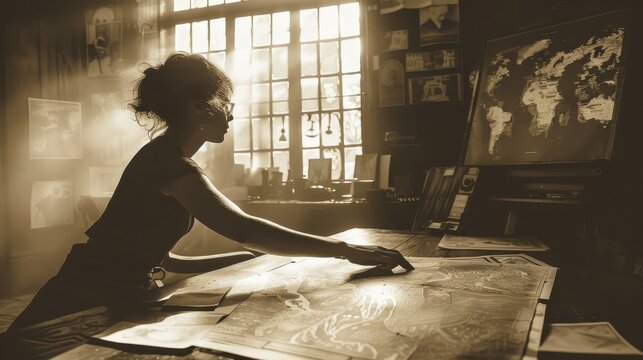 Teacher conducting a didactic lesson on history with visual aids and artifacts, Historical, Sepia, Digital Art