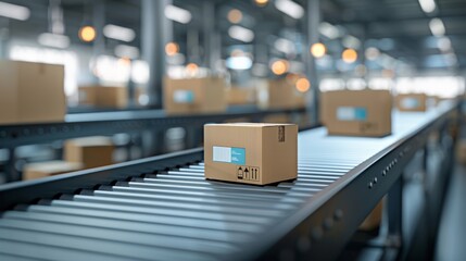 Cardboard boxes on a conveyor belt in a modern warehouse setting, illuminated by overhead lights, demonstrating logistics and shipping processes.