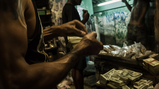 Drug lord exchanging money in a drug house.