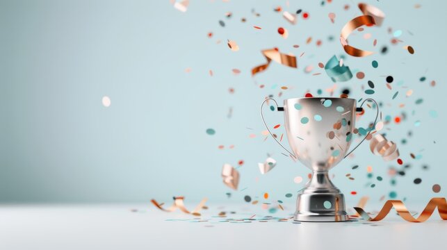 Celebration with a silver trophy and colorful confetti against a light blue background, symbolizing victory and achievement.