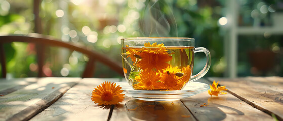 A mug of herbal tea with a delicate flower garnish rests on a table