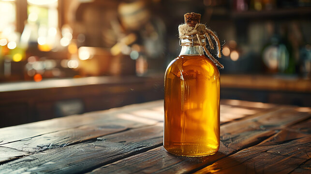 A bottle of mead on a wooden table. The background is blurred and there is a warm light in the foreground.