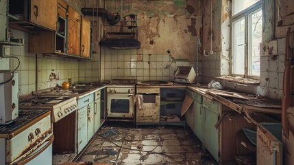 Eerie, abandoned kitchen scene showing dirt, decay, and broken cabinets, evoking a sense of neglect and the haunting passage of time in a once lively space.