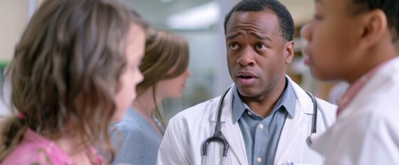 Fototapeta premium A doctor, talking to a family at the hospital, their faces showing care and concern