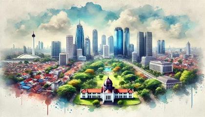Papier peint photo intissé Vibrant watercolor of Jakarta's skyline with iconic buildings, lush greenery, and clear blue sky.