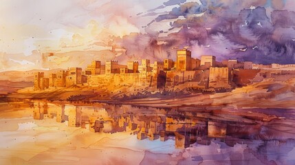 Biblical Jerusalem. Digital painting of the old city at sunset.