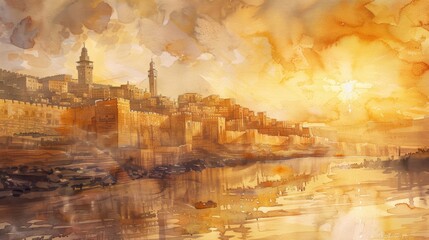 Biblical Jerusalem. Panoramic view of ancient city. Digital painting.