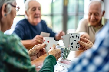 Old friends having fun playing cards Group of people, senior people playing cards in nursing home