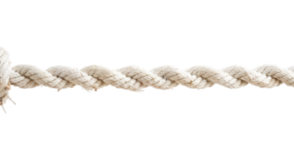 Close-up of a thick, twisted white rope isolated on a white background. High-quality texture and detail, perfect for nautical