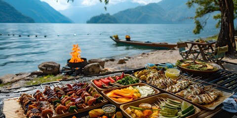 Delicious looking barbecue beautifully arranged on a beach by the lake in sunny day. Can be used to attract tourists, promote lakeside restaurants, food products, catering services or travel packages